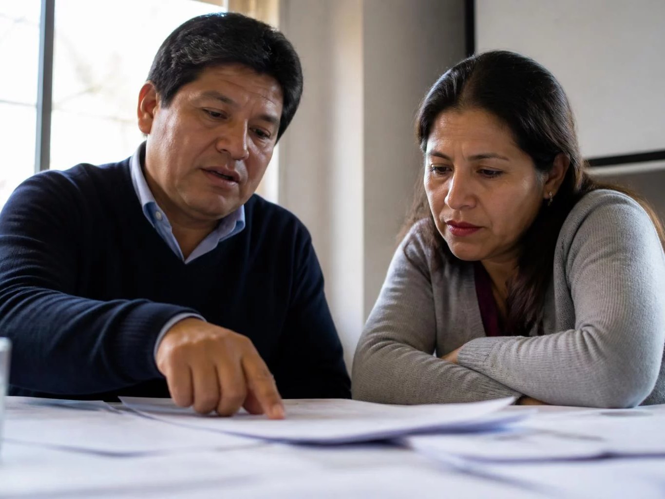 Mesa de seminario con apuntes repartidos y dos personas trabajando