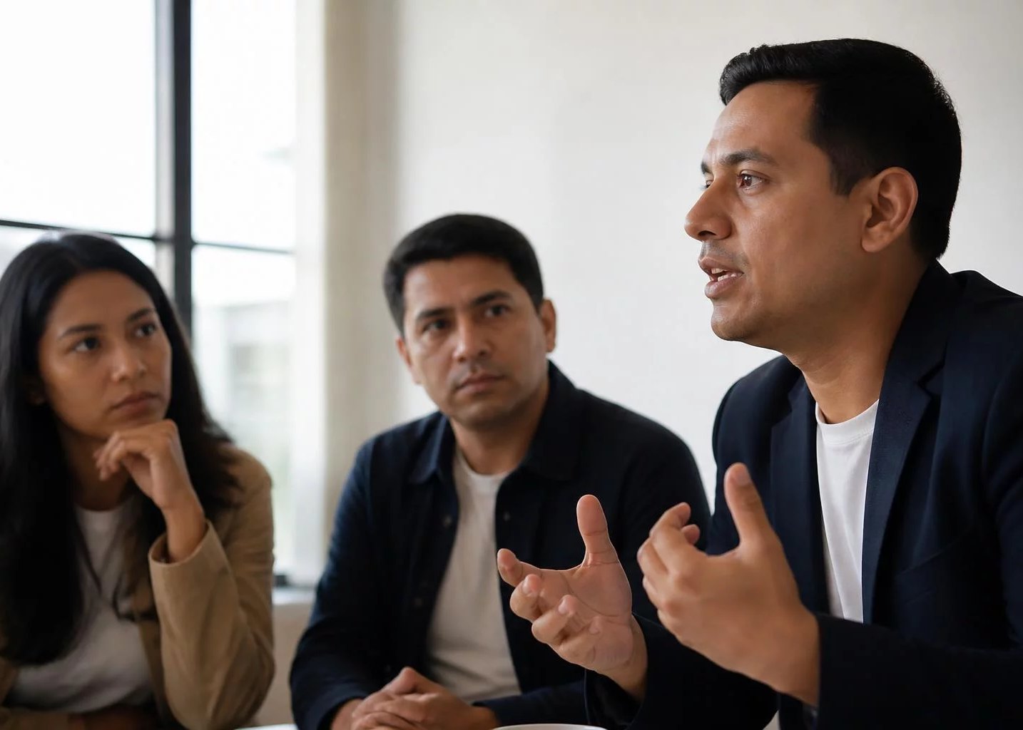 Tres profesionales reunidos, uno sostiene su punto ante los demás