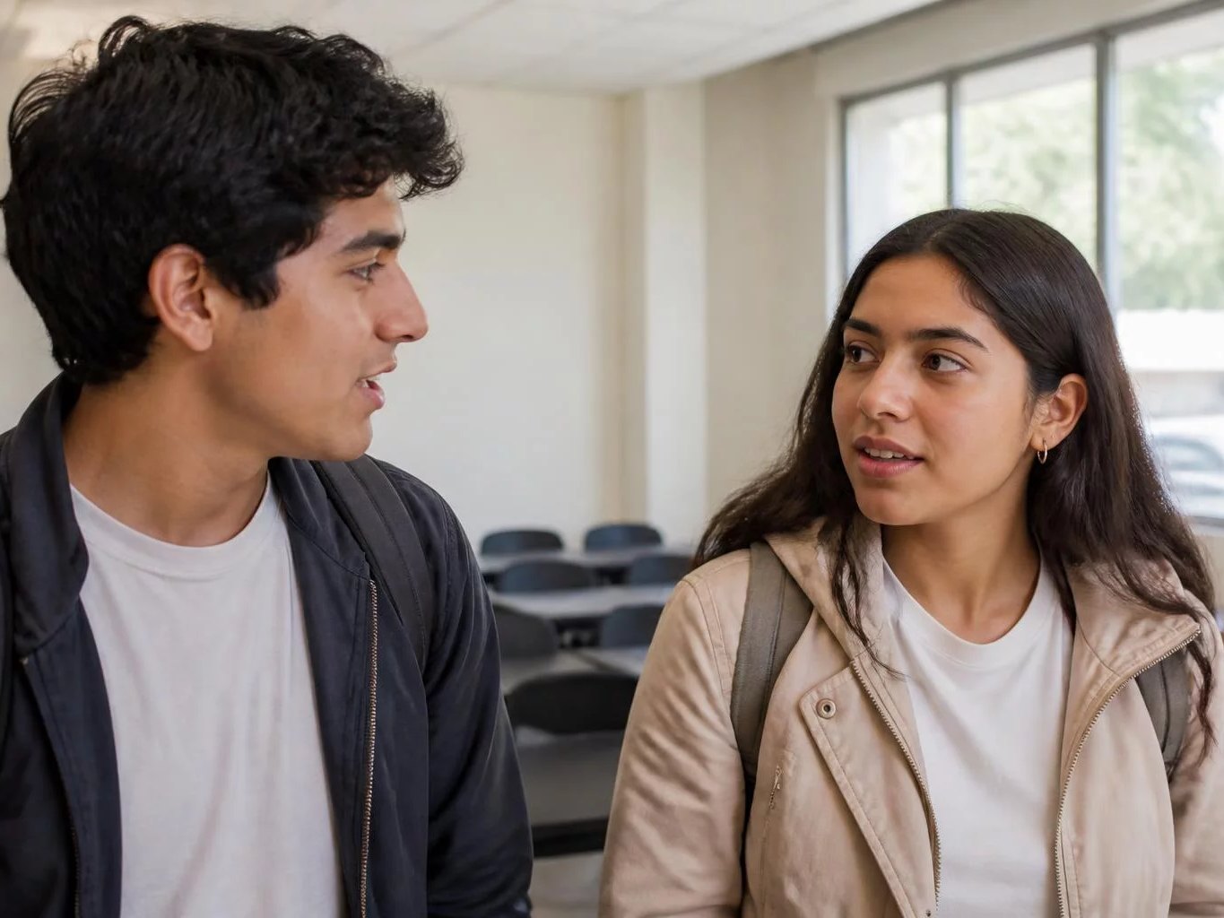 Pasillo de la universidad, con dos estudiantes conversando